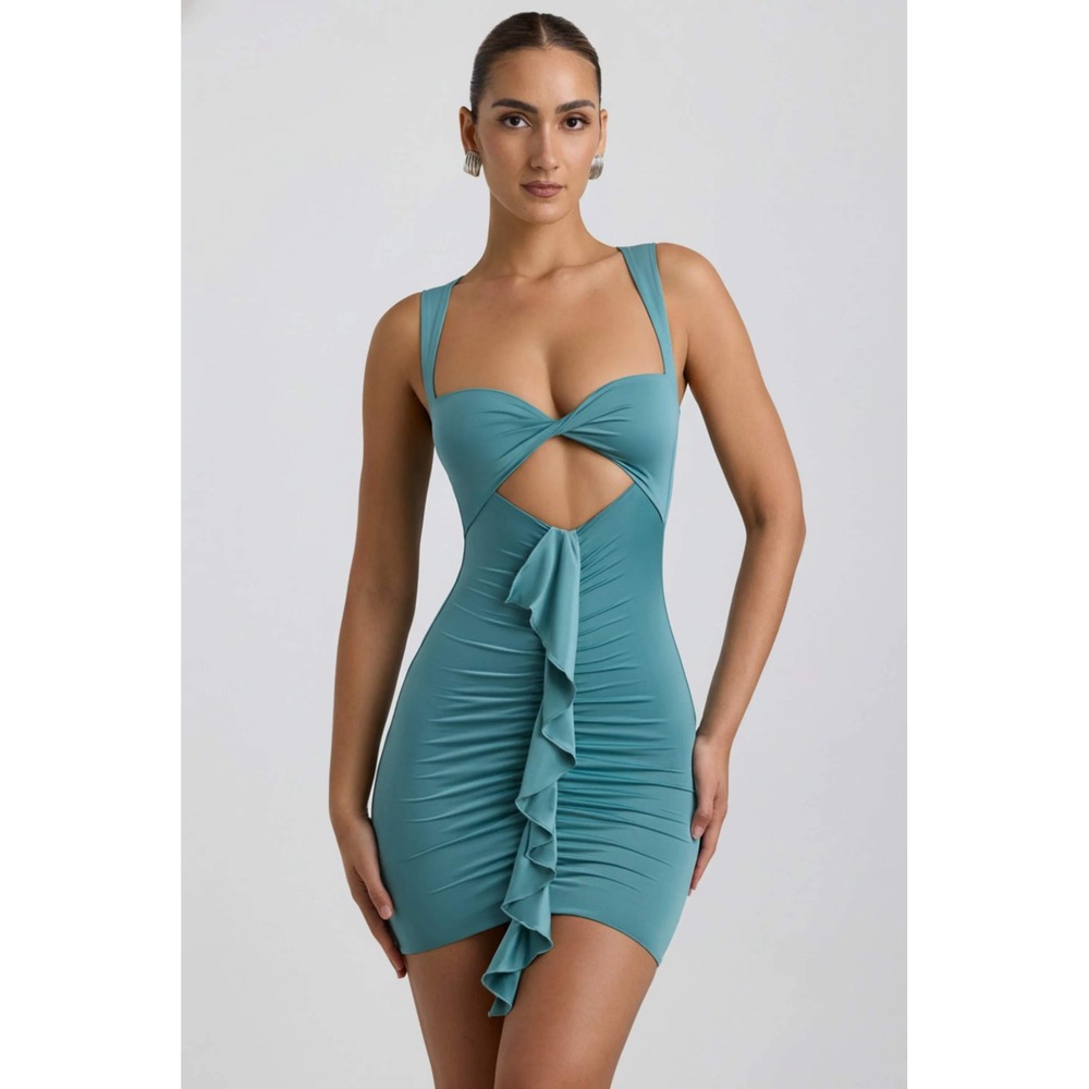 Oh Polly Zivanka Slinky Jersey Cut-Out Ruffle-Trim Mini Dress‎ Sea Green US 8